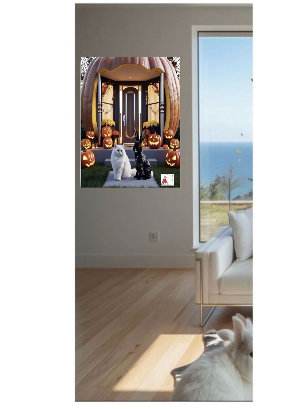 HANDCRAFTED digital art print of a pumpkin house with fur babies in Halloween - Picture 4 of 17
